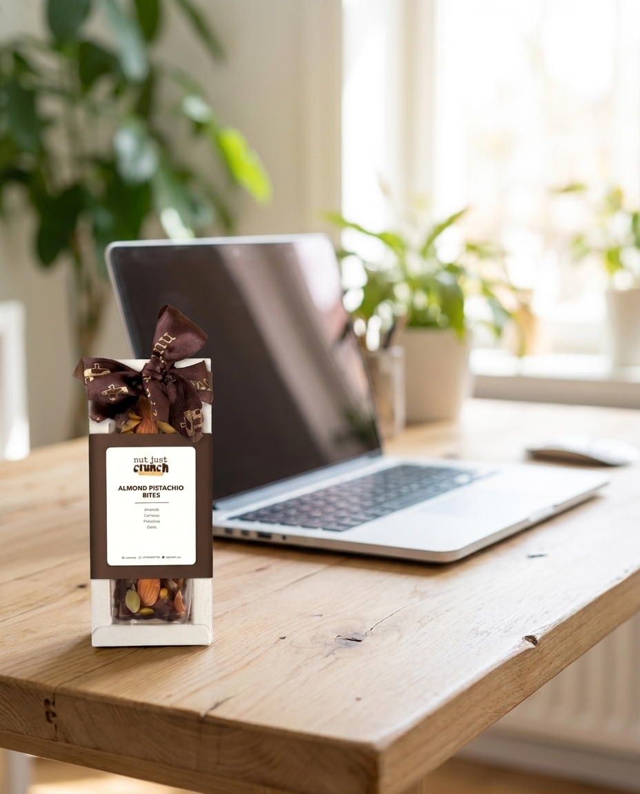 Almond Pistachio Bites box of 3 on a work desk beside a laptop