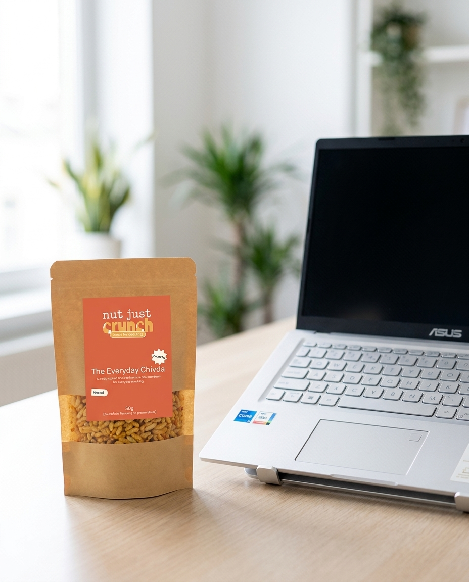 A 50 g Everyday Chivda pouch on a work desk beside a laptop
