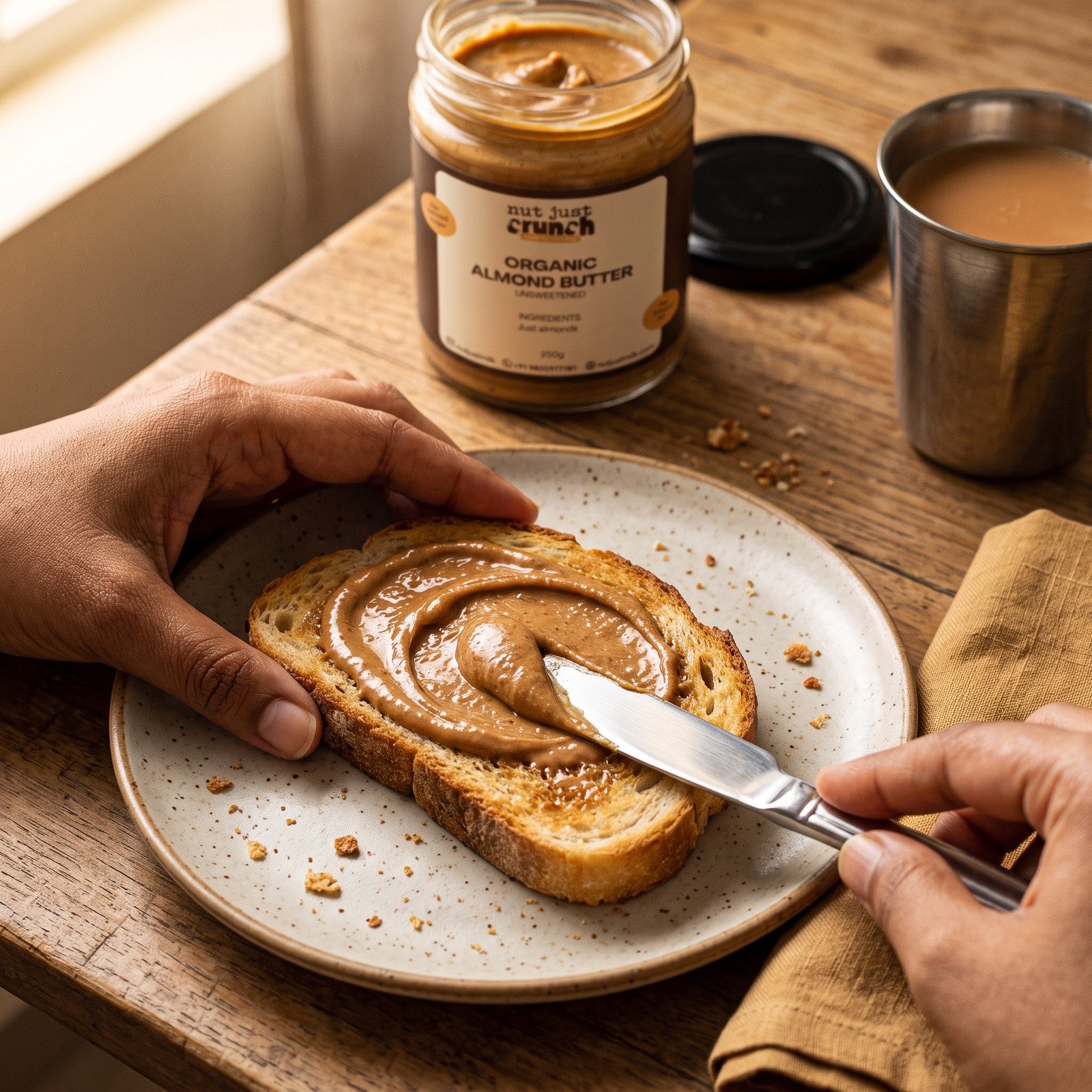 Spreading Nut Just Crunch organic almond butter on toast, jar and chai on the table
